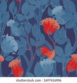 Blue and red seamless hand drawn floral pattern