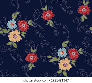 blue red seamless vector flower pattern on navy background