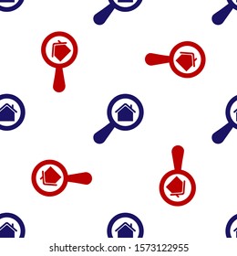 Blue and red Search house icon isolated seamless pattern on white background. Real estate symbol of a house under magnifying glass.  Vector Illustration