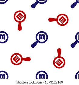 Blue and red Search package icon isolated seamless pattern on white background. Parcel tracking symbol. Magnifying glass and cardboard box. Logistic and delivery.  Vector Illustration