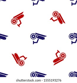 Blue and red Security camera and gear icon isolated seamless pattern on white background. Adjusting app, service concept, setting options, maintenance, repair, fixing.  Vector Illustration