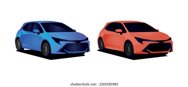 Blue And Red Sedan Car On White Background. Business Sedan Isolated.