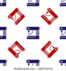 Blue and red Sewing machine icon isolated seamless pattern on white background.  Vector Illustration