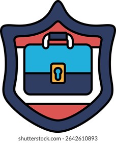 Um escudo azul e vermelho com uma maleta nele. A pasta está trancada
