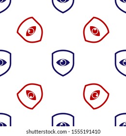 Blue and red Shield and eye icon isolated seamless pattern on white background. Security, safety, protection, privacy concept.  Vector Illustration