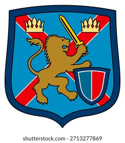Um escudo azul e vermelho com um leão e uma espada