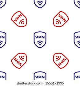 Blue and red Shield with VPN and wifi wireless internet network symbol icon isolated seamless pattern on white background. VPN protect safety concept.  Vector Illustration