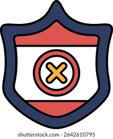 A blue and red shield with an X in the middle. The shield is meant to represent protection or safety