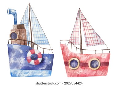 blue and red ship with sail, childrens cute watercolor illustration on white background