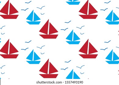 Blue and red ships seamless pattern. Summer tourism design for fabric or paper.