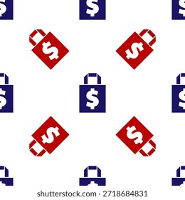 Blaue und rote Einkaufstasche und Dollar-Symbol-Symbol einzeln nahtloses Muster auf weißem Hintergrund. Handtaschenschild. Taschensymbol für eine Frau. Weibliches Handtaschenschild.  Vektorgrafik