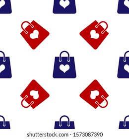 Blue and red Shopping bag with heart icon isolated seamless pattern on white background. Shopping bag shop love like heart icon. Valentine's day symbol.  Vector Illustration