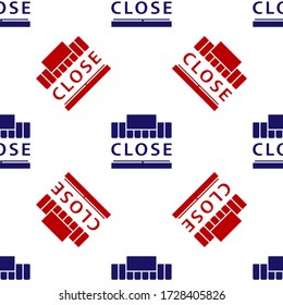 Blue and red Shopping building or market store and text closed icon isolated seamless pattern on white background. Shop construction. Vector Illustration