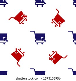 Blue and red Shopping cart with cursor icon isolated seamless pattern on white background. Online buying concept. Delivery service sign. Supermarket basket symbol.  Vector Illustration