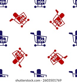 Blue and red Shopping cart and food icon isolated seamless pattern on white background. Food store, supermarket.  Vector Illustration