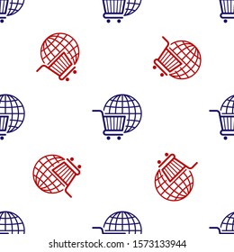 Blue and red Shopping cart with globe icon isolated seamless pattern on white background. Online buying concept. Global market concept. Supermarket basket symbol.  Vector Illustration