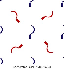 Blue and red Sickle icon isolated seamless pattern on white background. Reaping hook sign.  Vector