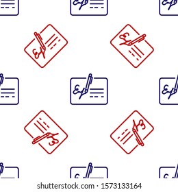 Blue and red Signed document line icon isolated seamless pattern on white background. Pen signing a contract with signature. Edit document sign.  Vector Illustration