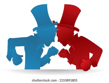 Blue and red silhouettes of traditional American partisans, ready to fight during elections rally.
