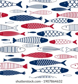 Blue and red simple fish geometric seamless pattern backdrop. Two-tone underwater scene, sea-life background for  brochures, fabric, upholstery, wallpaper, textile prints, and gift wrapping paper.