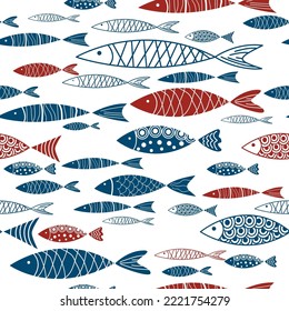 Blue and red simple fish geometric seamless background. Two color underwater scene, marine life background for brochures, fabric, upholstery, wallpapers, textile prints and gift wrapping paper. Vector