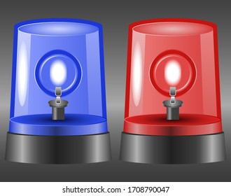 Blue and red siren illustration. Flashing lights, police and fire department.