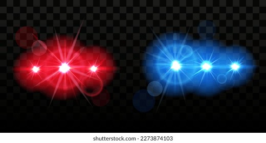 Blue and red siren lamp blink. Security blinding lights in dark. Automobile flare. Bright flash for law cop or police car. Lanterns glow. Emergency beacon. Vector realistic background