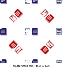 Blue and red Smart contract icon isolated seamless pattern on white background. Blockchain technology, cryptocurrency mining, bitcoin, altcoins, digital money market.  Vector Illustration