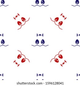 Blue and red Smart farm with drone control and tree icon isolated seamless pattern on white background. Innovation technology for agricultural company.  Vector Illustration