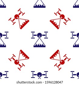 Blue and red Smart farm with drone control collects harvest icon isolated seamless pattern on white background. Innovation technology for agricultural company.  Vector Illustration