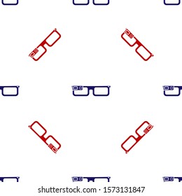 Blue and red Smart glasses mounted on spectacles icon isolated seamless pattern on white background. Wearable electronics smart glasses with camera and display.  Vector Illustration