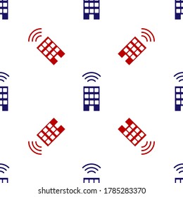 Blau und Rot Smarthome mit Wireless-Symbol einzeln auf weißem Hintergrund. Fernbedienung. Internet der Dinge Konzept mit drahtloser Verbindung. Vektorgrafik