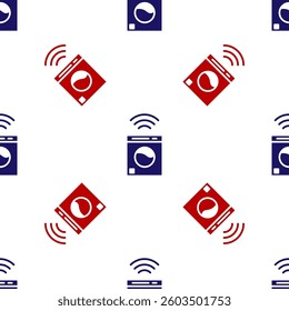 Blue and red Smart washer system icon isolated seamless pattern on white background. Washing machine icon. Internet of things concept with wireless connection.  Vector