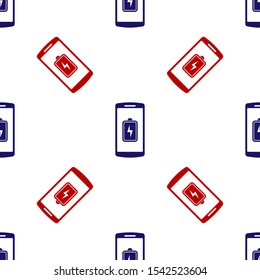 Blue and red Smartphone battery charge icon isolated seamless pattern on white background. Phone with a low battery charge.  Vector Illustration