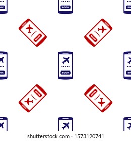 Blue and red Smartphone with electronic boarding pass airline ticket icon isolated seamless pattern on white background. Passenger plane mobile ticket for web and app.  Vector Illustration