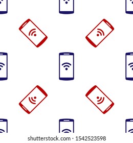 Blue and red Smartphone with free wi-fi wireless connection icon isolated seamless pattern on white background. Wireless technology, wireless network, hotspot concepts.  Vector Illustration