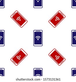 Blue and red Smartphone with free wi-fi wireless connection icon isolated seamless pattern on white background. Wireless technology, wi-fi connection, wireless network.  Vector Illustration