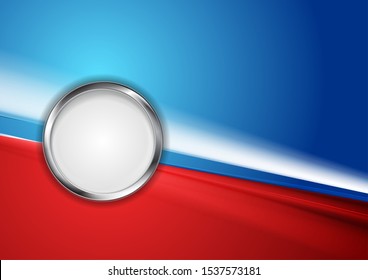 Blue and red smooth stripes abstract tech background with silver metal circle label. Vector design