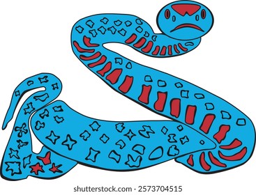 A blue and red snake with a smoothly curving body, resembling a wave. The surface of its skin is adorned with whimsical spot-like patterns. The snake is depicted in a graceful pose.