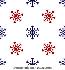 Blue and red Snowflake icon isolated seamless pattern on white background.  Vector Illustration