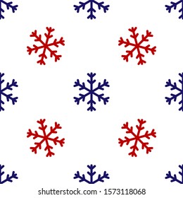 Blue and red Snowflake icon isolated seamless pattern on white background.  Vector Illustration