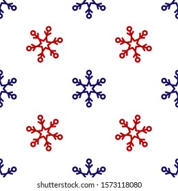 Blue and red Snowflake icon isolated seamless pattern on white background.  Vector Illustration