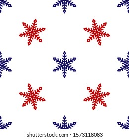 Blue and red Snowflake icon isolated seamless pattern on white background.  Vector Illustration