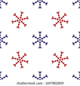 Icono de Copo de nieve azul y rojo aislado sin fisuras en fondo blanco. Ilustración vectorial