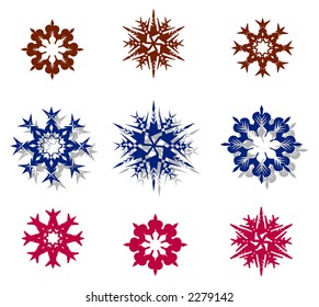 Blue and red snowflakes on a white background. A vector illustration.