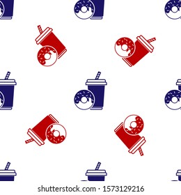 Blue and red Soda drink with drinking straw and donut icon isolated seamless pattern on white background. Fast food symbol.  Vector Illustration