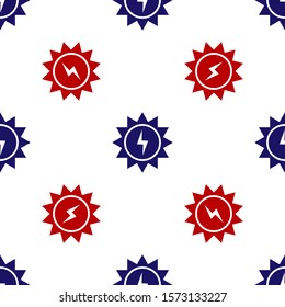 Blue and red Solar energy panel icon isolated seamless pattern on white background. Sun with lightning symbol.  Vector Illustration