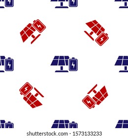 Blue and red Solar energy panel and battery icon isolated seamless pattern on white background.  Vector Illustration