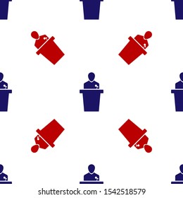 Blue and red Speaker icon isolated seamless pattern on white background. Orator speaking from tribune. Public speech. Person on podium.  Vector Illustration