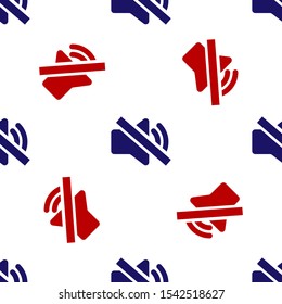 Blue and red Speaker mute icon isolated seamless pattern on white background. No sound icon. Volume Off symbol.  Vector Illustration